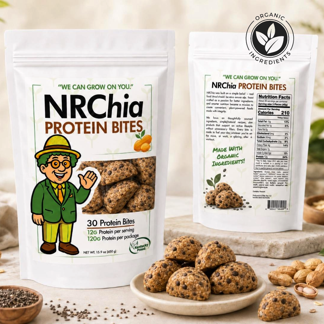 NRChia organic protein bites pouch with Tio, the NRChia character, and nutrition facts panel