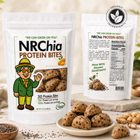 NRChia organic protein bites pouch with Tio, the NRChia character, and nutrition facts panel
